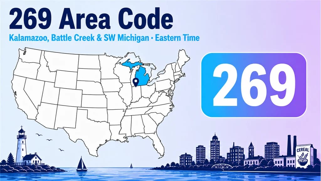 Infographic with a US map highlighting Michigan, a pin on the southwest, a lakeshore lighthouse, and a 269 badge