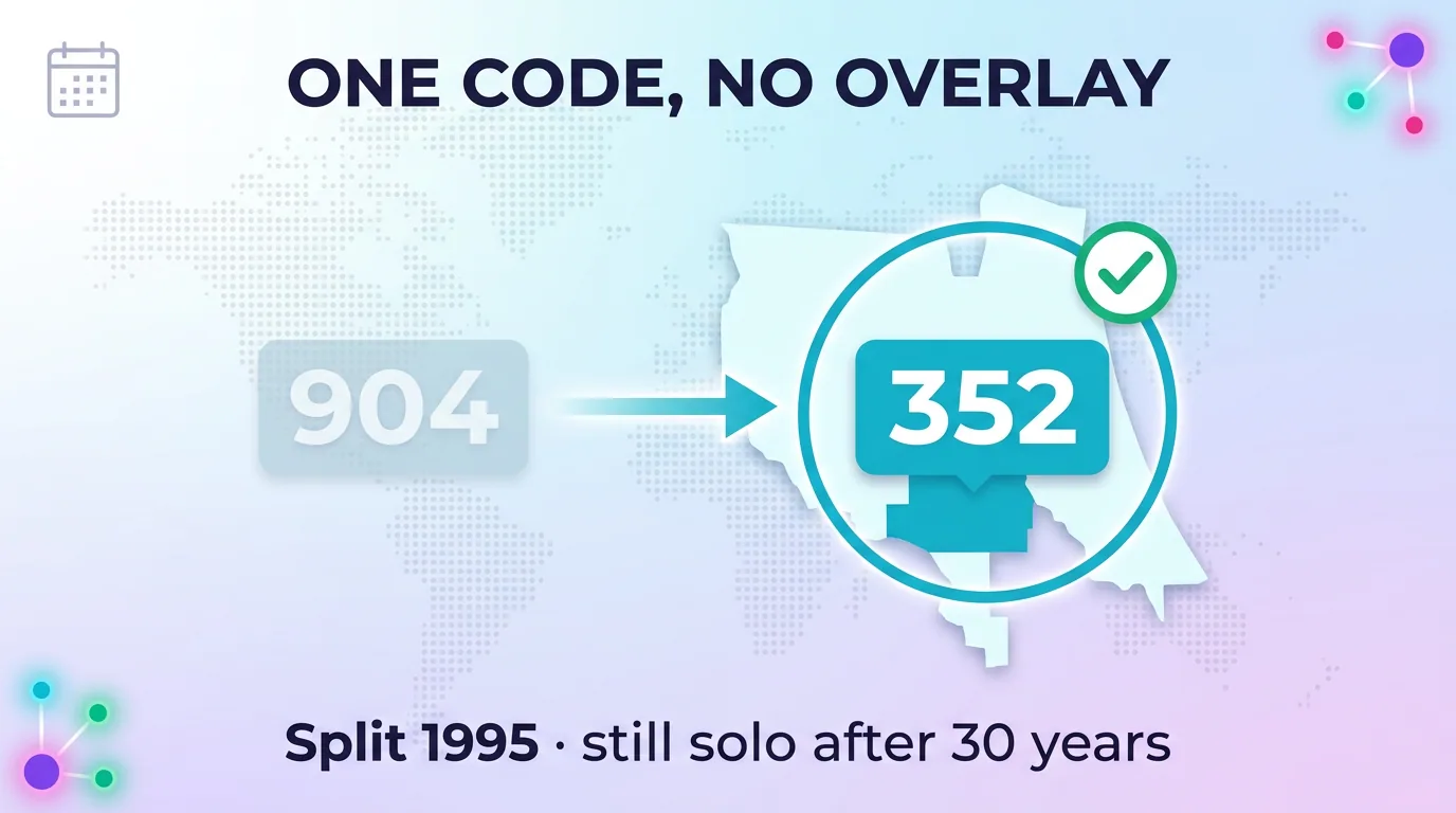 Diagram showing the 352 splitting from the 904 area code in 1995 and remaining one code with no overlay after 30 years