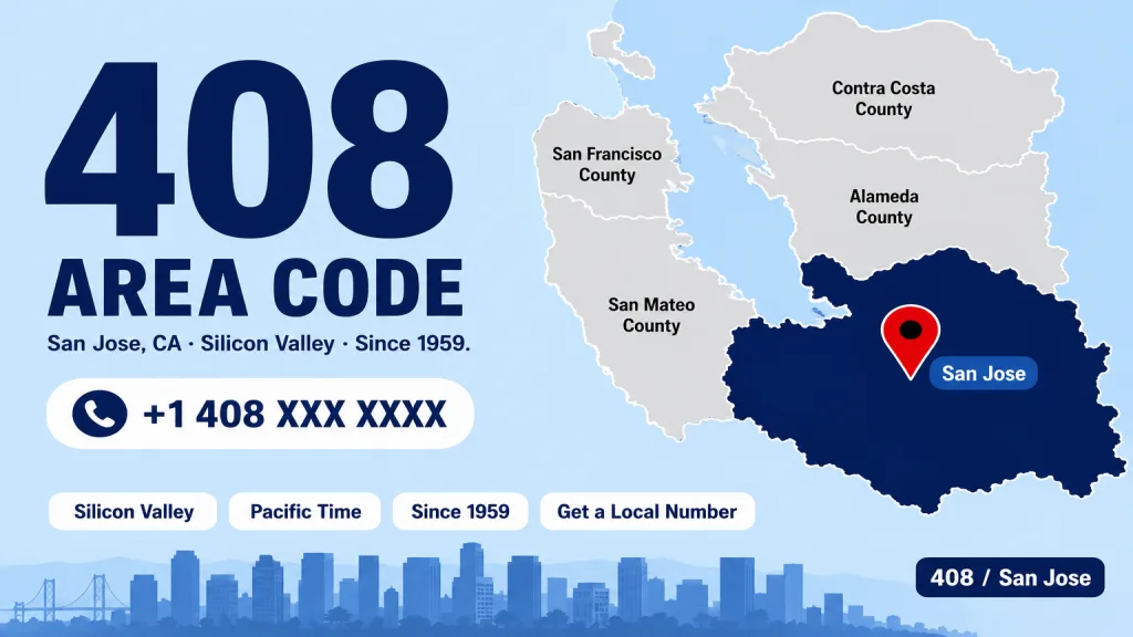 Illustrated Silicon Valley map with 408 area code highlighted across San Jose, Cupertino, and Santa Clara, with a red location pin