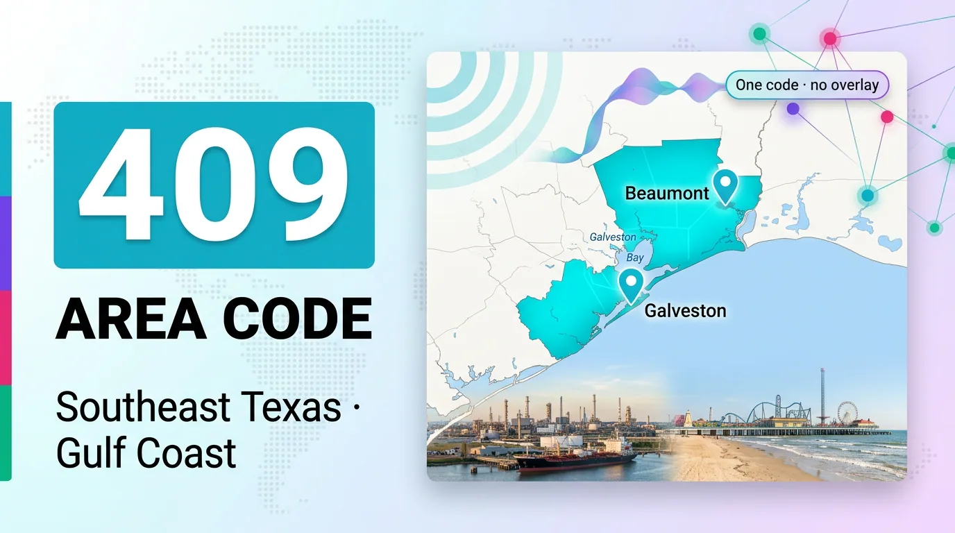 409 area code infographic for Southeast Texas Gulf Coast showing Beaumont and Galveston with one code, no overlay