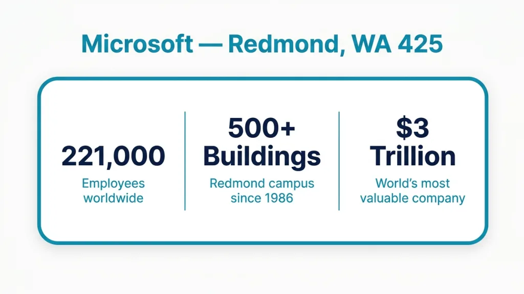 White background. Bold dark teal title at top: "Microsoft — Redmond, WA 425". A single large white rounded rectangle card centered on the page. Inside the card, three bold stat blocks arranged in a single horizontal row separated by thin teal vertical dividing lines. Left block: large dark navy bold text "221,000" with teal label below "Employees worldwide". Center block: large dark navy bold text "500+ Buildings" with teal label below "Redmond campus since 1986". Right block: large dark navy bold text "$3 Trillion" with teal label below "Market cap, world's most valuable company". All text clean, no icons.
