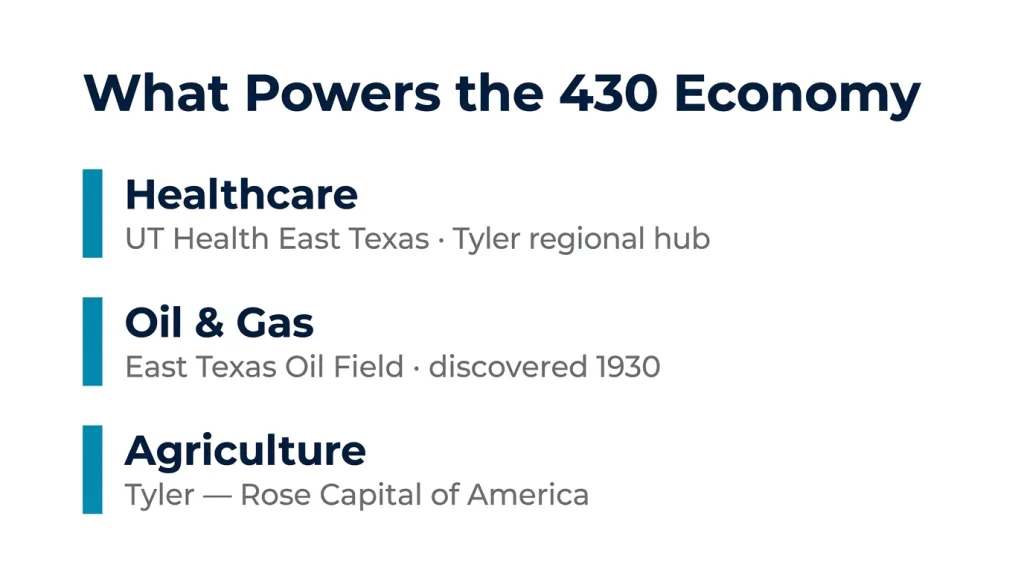 Editorial accent-line list titled "What Powers the 430 Economy" with three teal-barred rows: Healthcare (UT Health East Texas, Tyler's regional medical hub), Oil & Gas (East Texas Oil Field, one of America's largest), and Agriculture (Rose capital of America, Tyler's nursery and rose industry)
