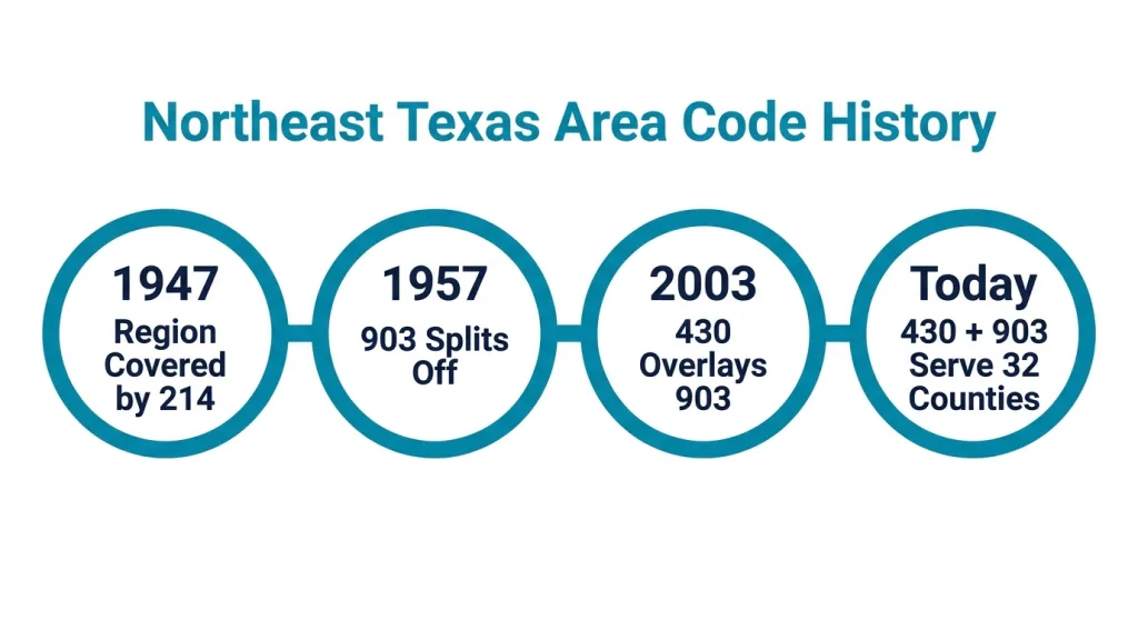 Teal circle-node timeline titled "Northeast Texas Area Code History" with four milestones: 1947 all East Texas covers under 214, 1957 903 splits off for the region, 2003 430 overlays 903, and Today 430 + 903 serve all 32 counties together, styled like a clean reference atlas map with crisp lines