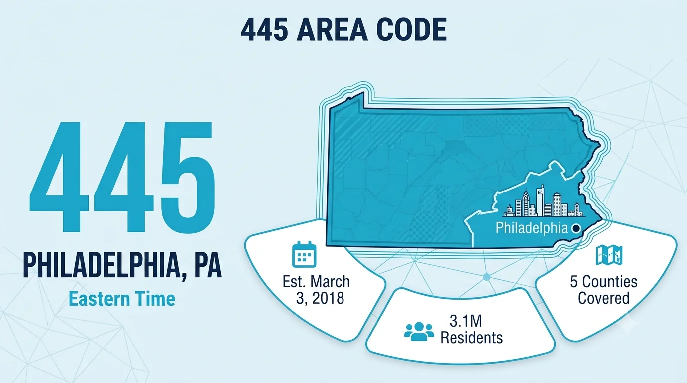 445 Area Code header showing Philadelphia PA and Eastern Time with Liberty Bell silhouette and Pennsylvania state map with southeastern counties highlighted in cyan