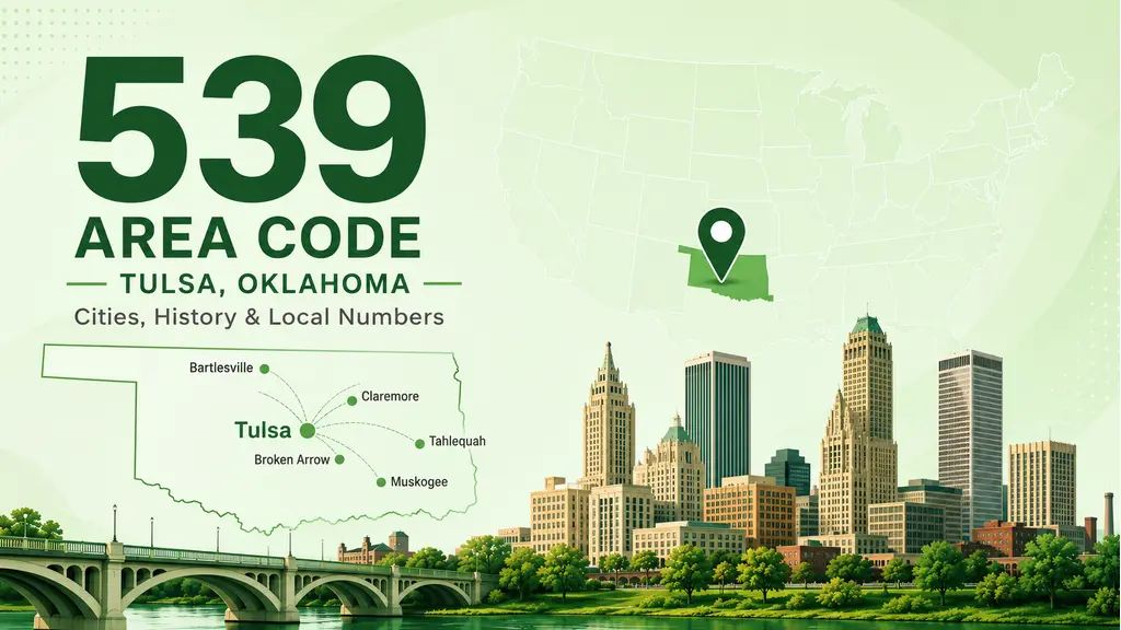 Infographic with a US map highlighting northeastern Oklahoma, a location pin on Tulsa, the Art Deco Tulsa skyline silhouette along the Arkansas River, and a 539 badge in MCM cyan and violet on a pale blue-lavender background