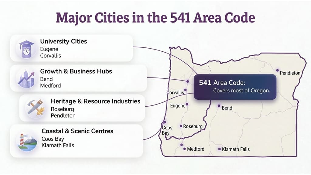 Major cities in the 541 area code — Eugene, Bend, Medford, Corvallis, Roseburg, Klamath Falls, Pendleton, Coos Bay