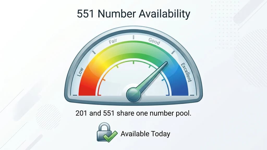 Gauge-style graphic titled 551 Number Availability showing the shared 201/551 supply and a brief outlook note