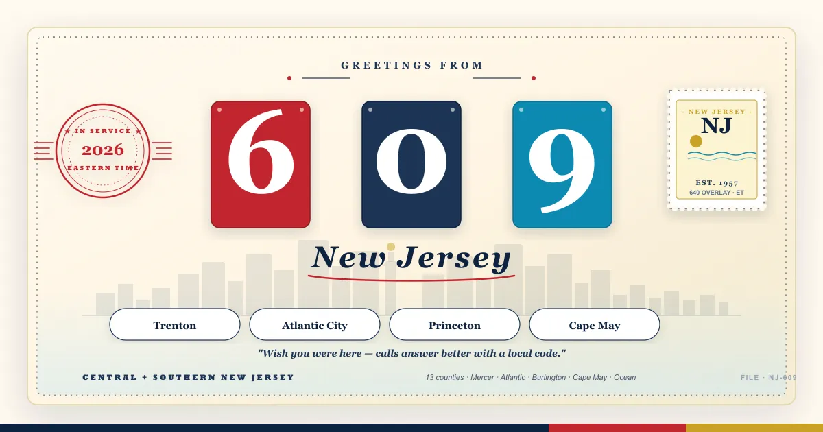 Greetings from 609 New Jersey — vintage postcard hero for the 609 area code, covering Trenton, Atlantic City, Princeton, Cape May, and central and southern New Jersey since 1957, paired with the 640 overlay in 2018, all on Eastern Time