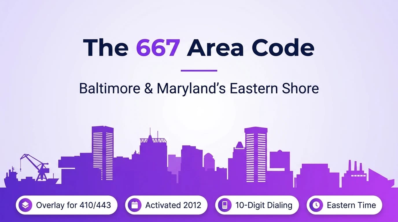 667 area code hero infographic for Baltimore, Columbia, Towson, Annapolis, Salisbury, and Easton across the Maryland 410/443/667 territory