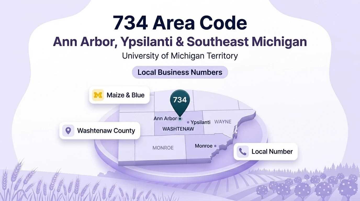 734 area code hero infographic for Ann Arbor, Ypsilanti, Canton, Plymouth, and Monroe across southeast Michigan