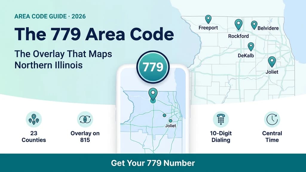 Teal phone-mockup banner showing a map of northern Illinois on screen, with stat rows for coverage, overlay, and time zone
