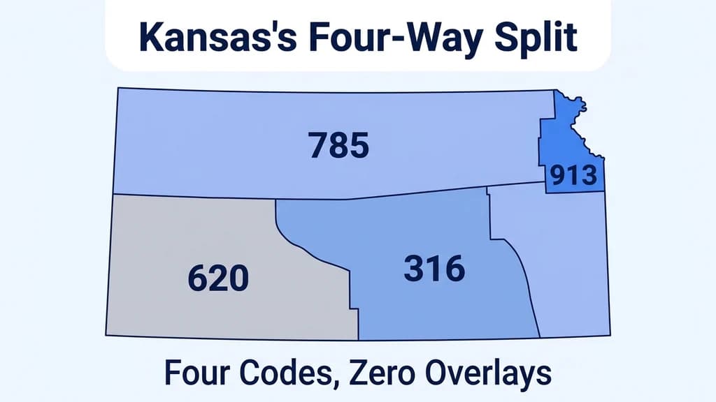 Map graphic showing Kansas divided into four non-overlapping area code regions: 913, 785, 316, and 620