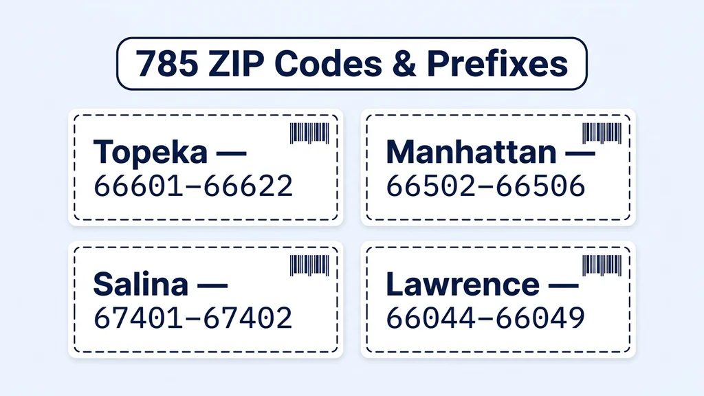 Table-style graphic listing Topeka, Manhattan, Salina, and Lawrence with ZIP ranges and 785 prefix patterns