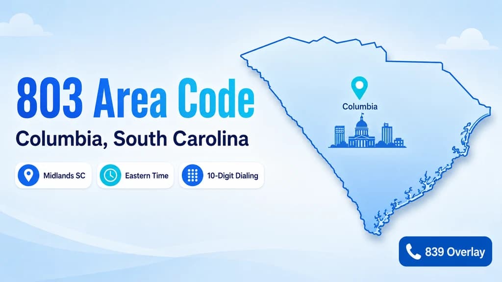 Light blue banner showing a South Carolina silhouette with the Midlands region highlighted, an overlay badge for 839, and stat pills for Columbia, Eastern Time, and 10-digit dialing