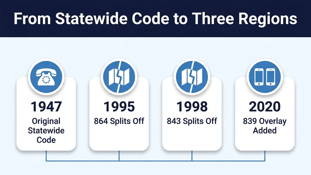 Timeline graphic showing four milestones: 1947 original statewide code, 1995 split creating 864, 1998 split creating 843, and 2020 839 overlay activated