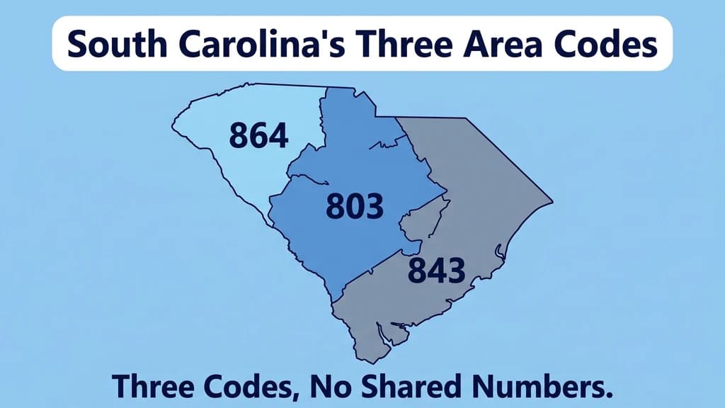 Map graphic showing South Carolina divided into three area code regions: 864 in the Upstate, 803 in the Midlands, and 843 along the coast and Pee Dee