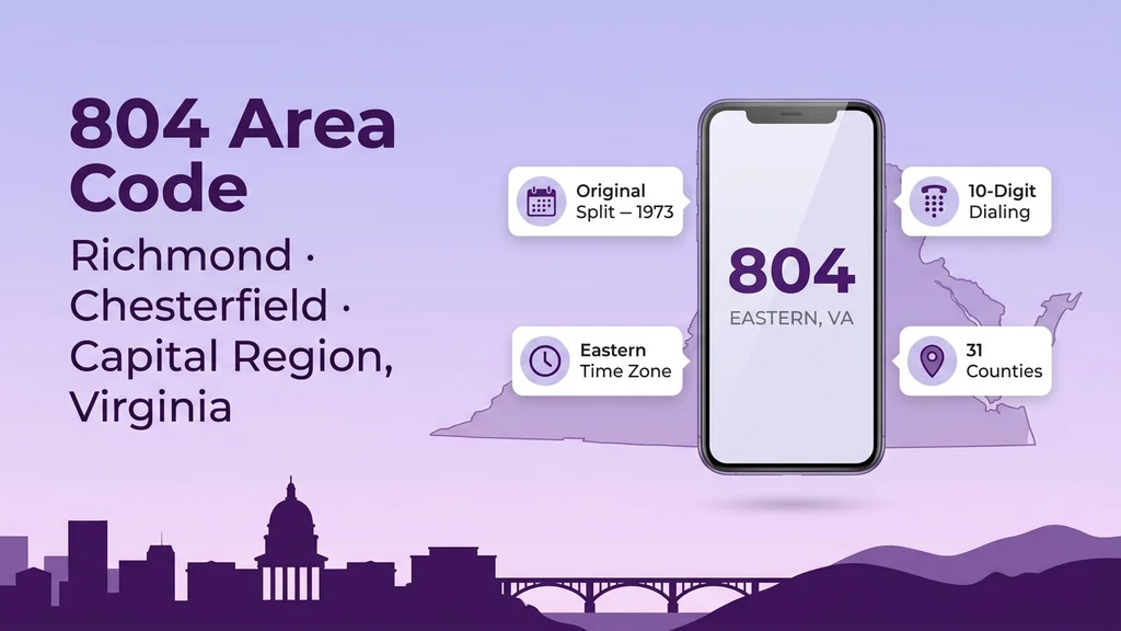 Purple banner showing a Virginia silhouette with the Richmond capital region highlighted, a phone mockup showing the 804 code, and icon callouts for split year, dialing, time zone, and counties