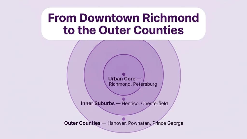 Concentric rings diagram showing downtown Richmond at the center, inner suburbs Henrico and Chesterfield in the next ring, and outer counties like Hanover and Prince George in the outermost ring