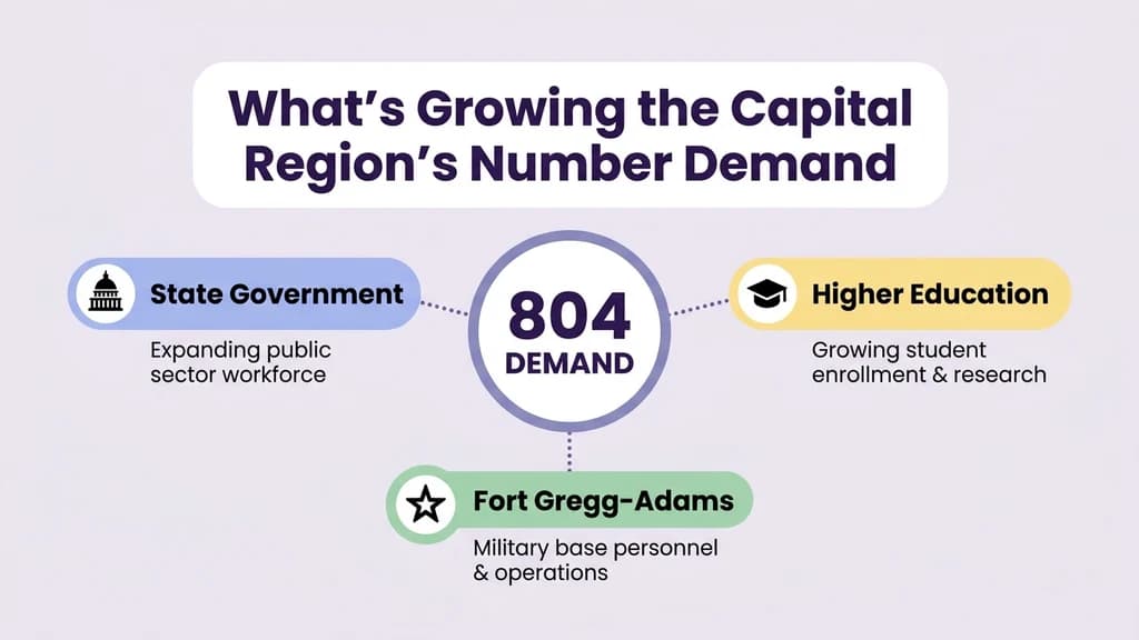 Editorial stat graphic titled What's Growing the Capital Region's Number Demand, with rows for state government, higher education, and Fort Gregg-Adams