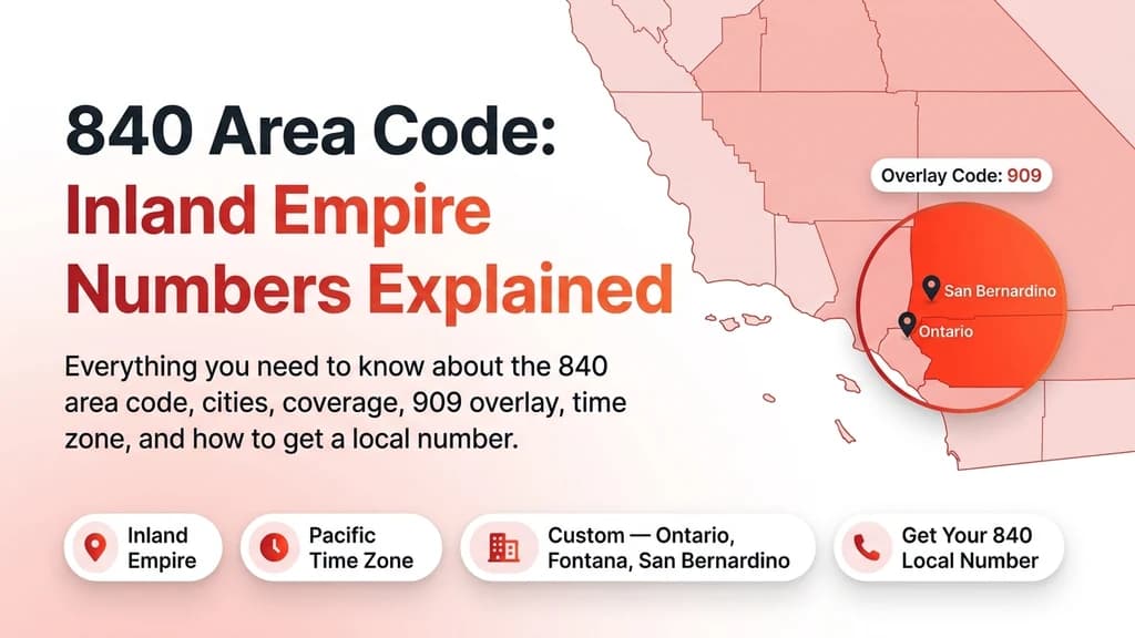 Red and orange banner showing a map badge over the Inland Empire with pins for San Bernardino and Ontario, labeled as the overlay for area code 909