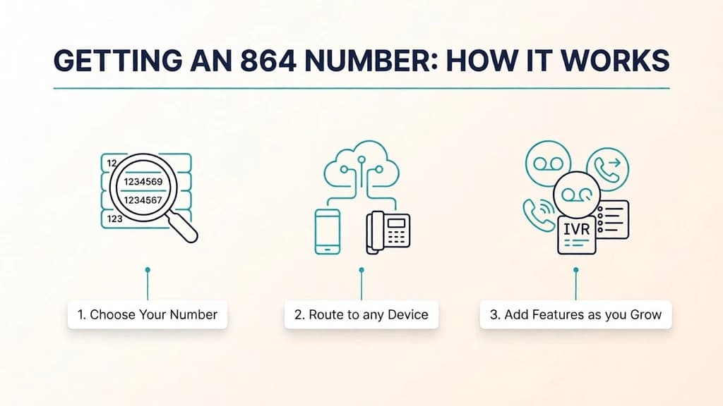 Getting an 864 number, how it works in three steps: choose your number, route to any device, and add features as you grow