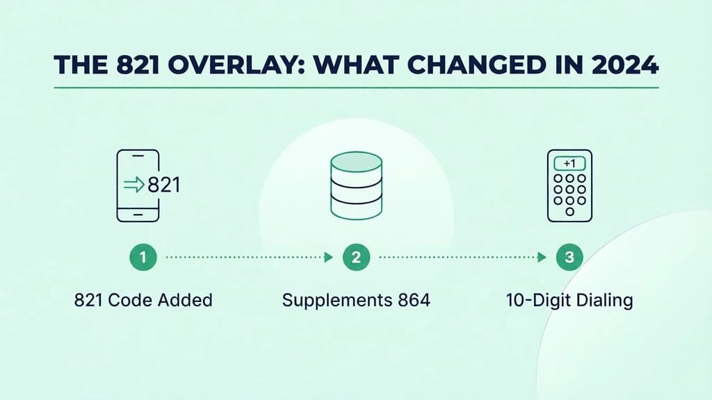 The 821 overlay: what changed in 2024 — the 821 code added, supplementing 864, with 10-digit dialing now required