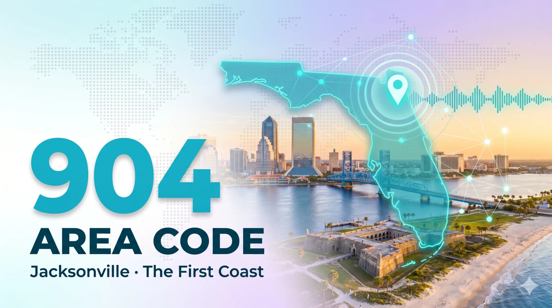 904 area code infographic with Jacksonville skyline and Florida map labeled The First Coast