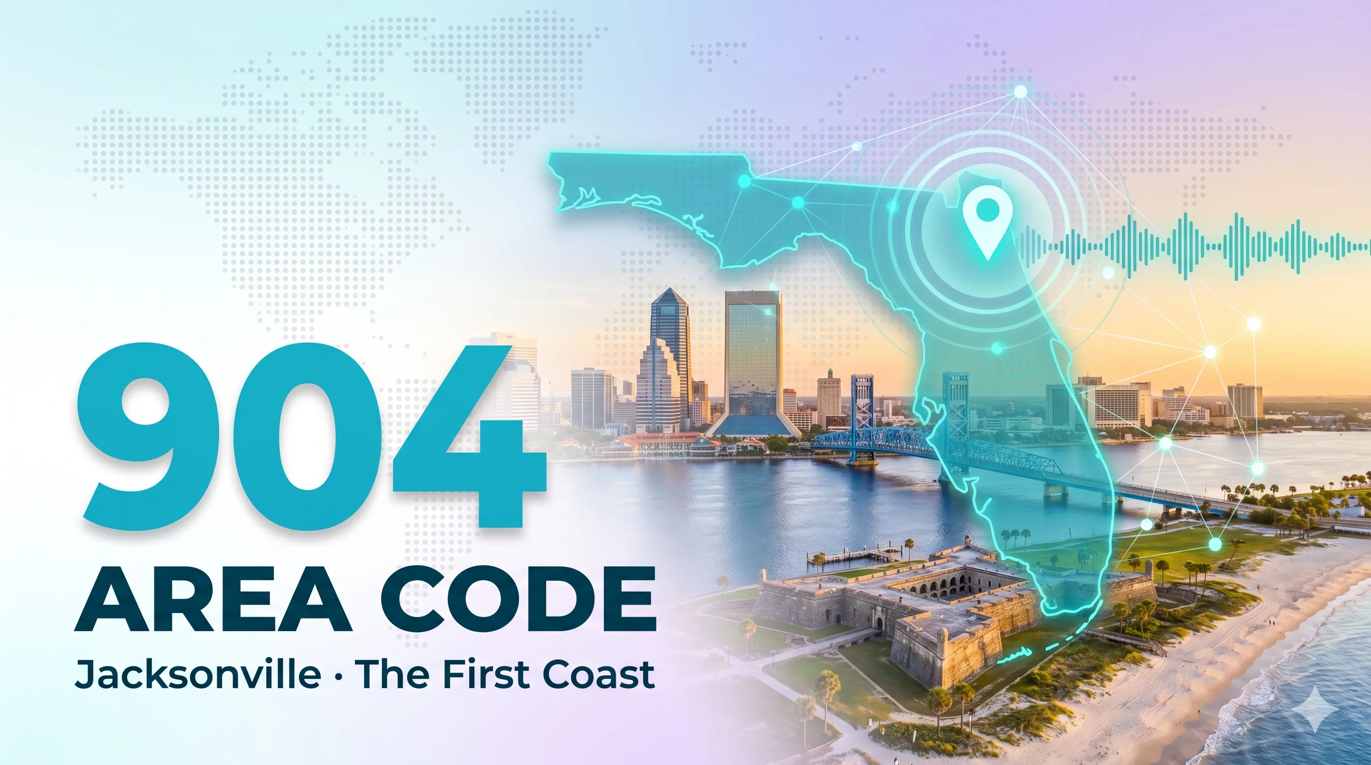 904 area code infographic with Jacksonville skyline and Florida map labeled The First Coast