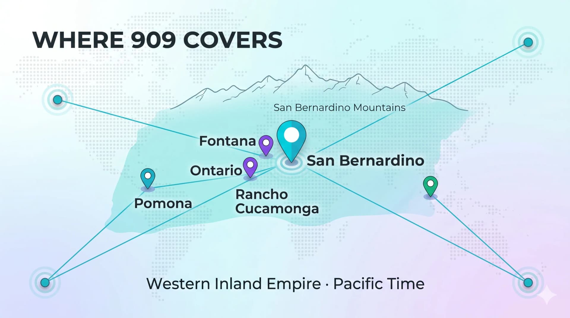 Map of where the 909 area code covers across the western Inland Empire including San Bernardino, Fontana, Ontario, Pomona, and Rancho Cucamonga