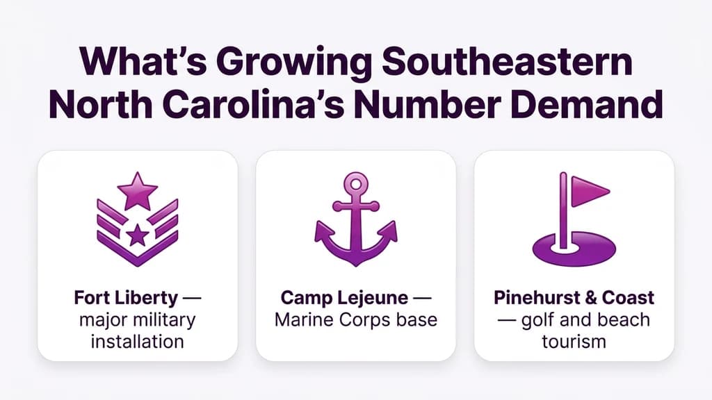 Editorial stat graphic titled What's Growing Southeastern North Carolina's Number Demand, with rows for Fort Liberty, Camp Lejeune, and Pinehurst golf tourism