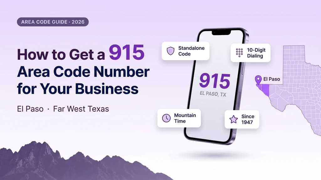 Purple banner showing a phone mockup with the 915 area code, a highlighted West Texas map with a pin over El Paso, and icon callouts for standalone status, dialing, time zone, and founding year