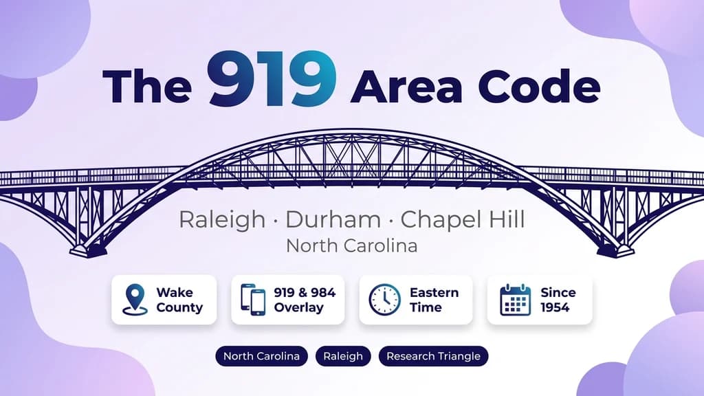 Deep blue banner showing an illustrated bridge arch with the 919 area code, labeled Raleigh, Durham, and Research Triangle, North Carolina, with stat pills for county, overlay, and time zone