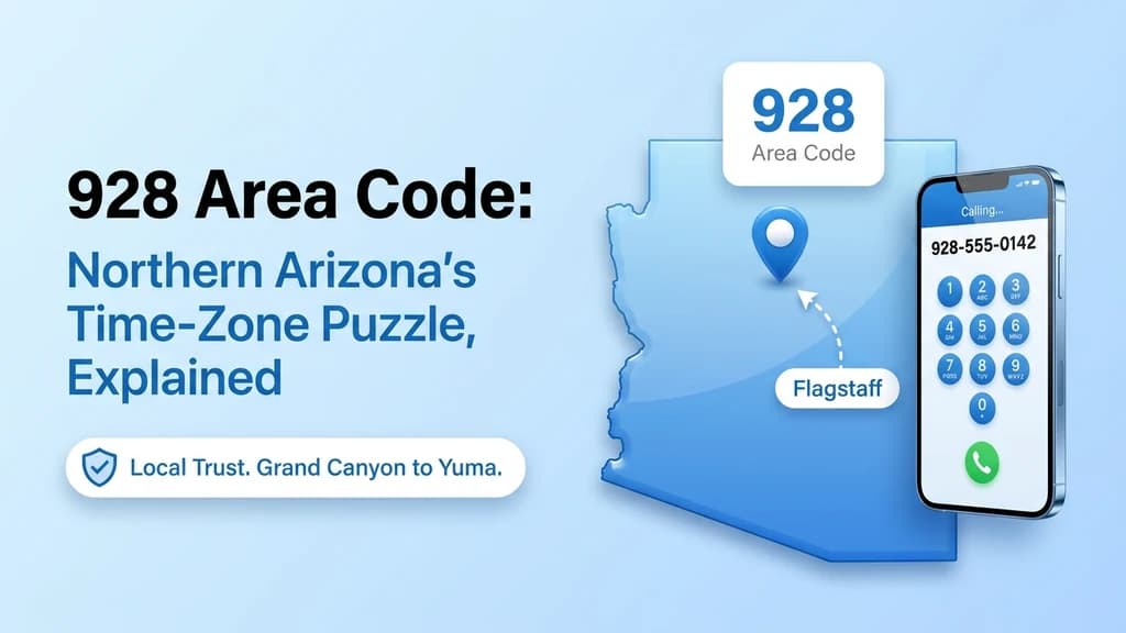Blue banner showing a phone mockup with the 928 area code, a highlighted northern Arizona map with a pin over Flagstaff, and icon callouts for coverage, dialing, and time zone
