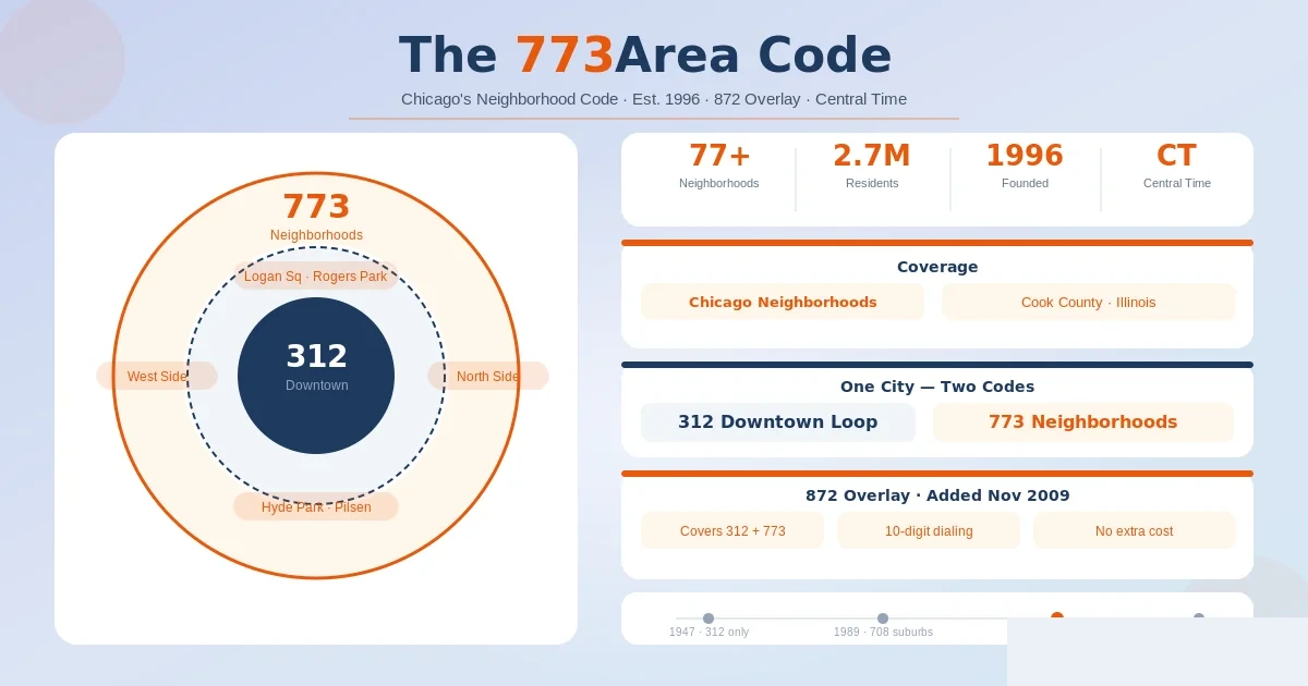 773 area code — Chicago beyond the Loop, the city's neighborhood code split from 312 in 1996, overlaid by 872 since 2009, Central Time