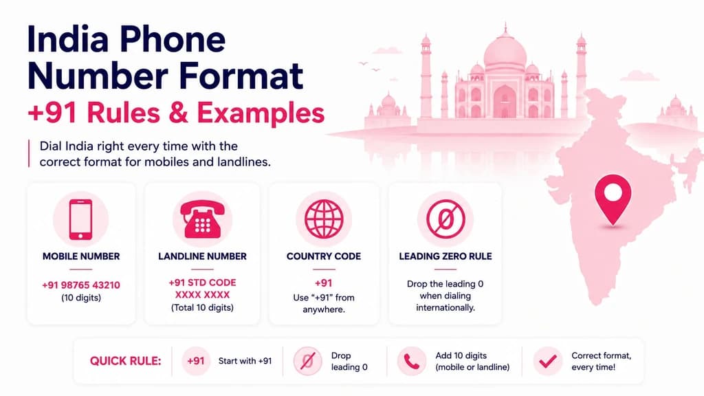 India phone number format — +91 rules and examples for mobiles and landlines