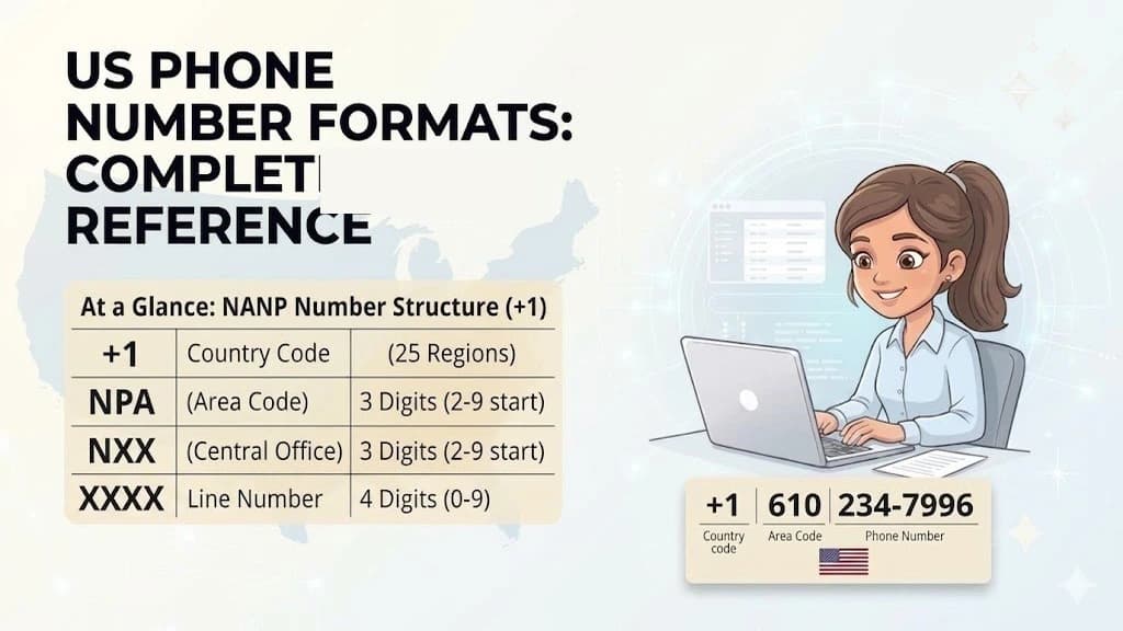 Anatomy of +1 (415) 555-0123 — country code, area code (NPA), exchange (NXX), and line number