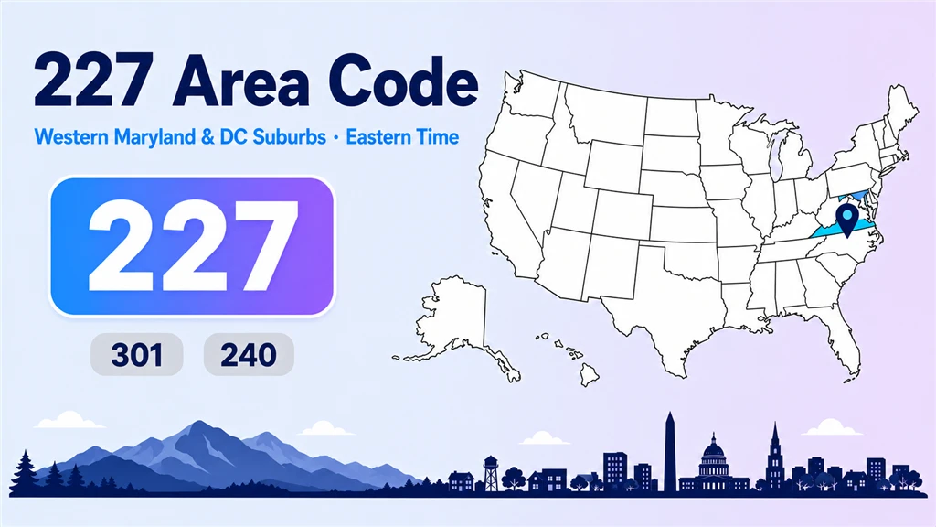 227 area code infographic showing a stylised western Maryland and DC-suburbs map with 301, 240 and 227 badges marking three overlay codes and an Eastern Time label