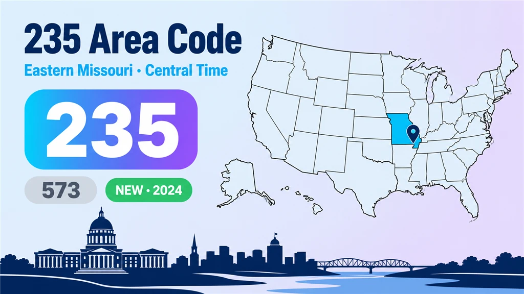 Infographic with a US map highlighting Missouri, a pin on the east, the Jefferson City capitol, and 235 and 573 badges