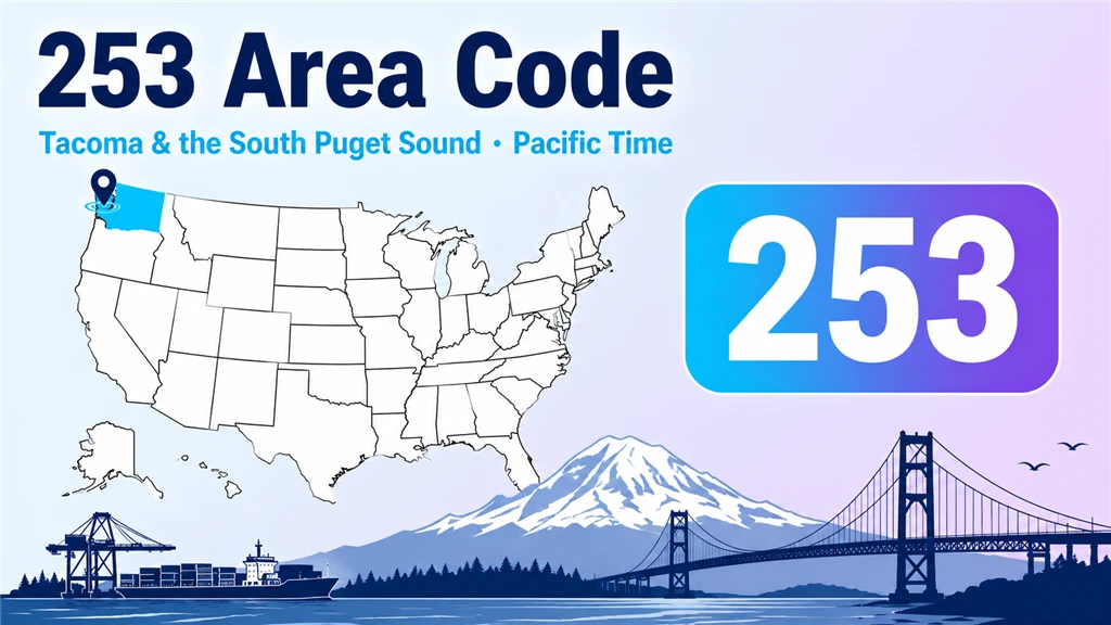 Infographic with a US map highlighting Washington, a pin on Tacoma, Mount Rainier, and a 253 area-code badge