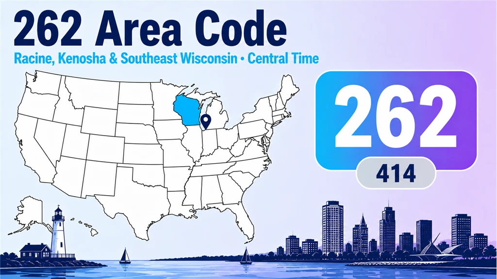 Infographic with a US map highlighting Wisconsin, a pin on the southeast, a Lake Michigan lighthouse, and a 262 badge