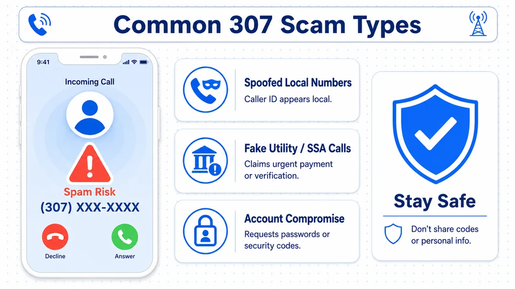 Flagged 307 spam-risk call beside common scam-type warning cards