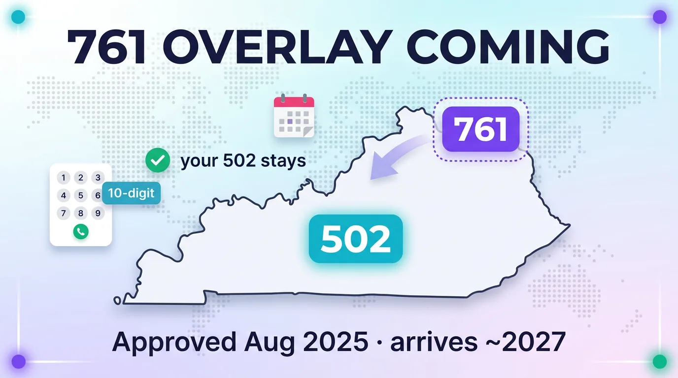 Infographic showing the new 761 overlay coming to the 502 region, approved August 2025 and arriving around 2027, with existing 502 numbers staying the same