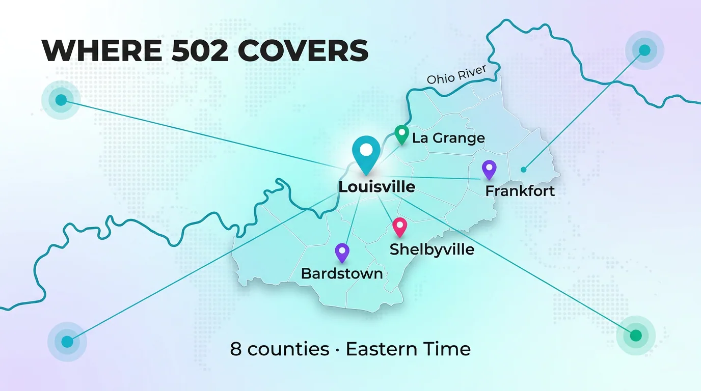 Map of the 502 area code coverage showing Louisville, Frankfort, La Grange, Shelbyville and Bardstown across 8 counties on Eastern Time