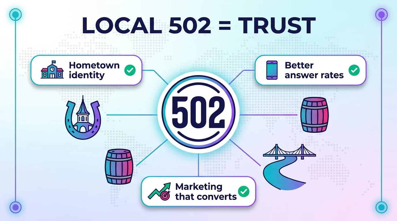Infographic showing a local 502 number builds trust through hometown identity, better answer rates, and marketing that converts