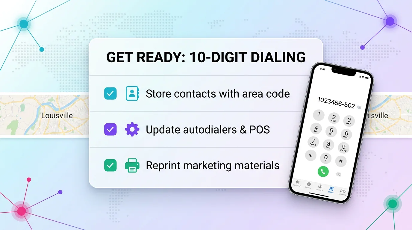 Checklist to get ready for 10-digit dialing: store contacts with area code, update autodialers and POS, and reprint marketing materials