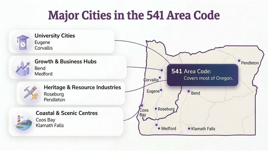 Major cities in the 541 area code — Eugene, Bend, Medford, Corvallis, Roseburg, Klamath Falls, Pendleton, Coos Bay