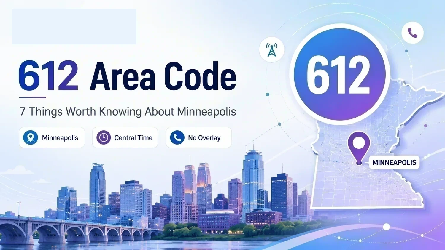 612 Area Code — 7 Things Worth Knowing About Minneapolis. Area Code Guide 2026. Minneapolis, Central Time, No Overlay. Minneapolis skyline + stone arch bridge. Minnesota state outline with 612 badge and Minneapolis pin.