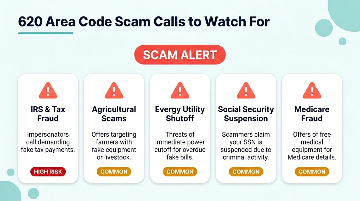 620 area code scam calls to watch for infographic showing IRS fraud, agricultural scams, Evergy utility shutoff threats, Social Security fraud, and Medicare fraud on a white background