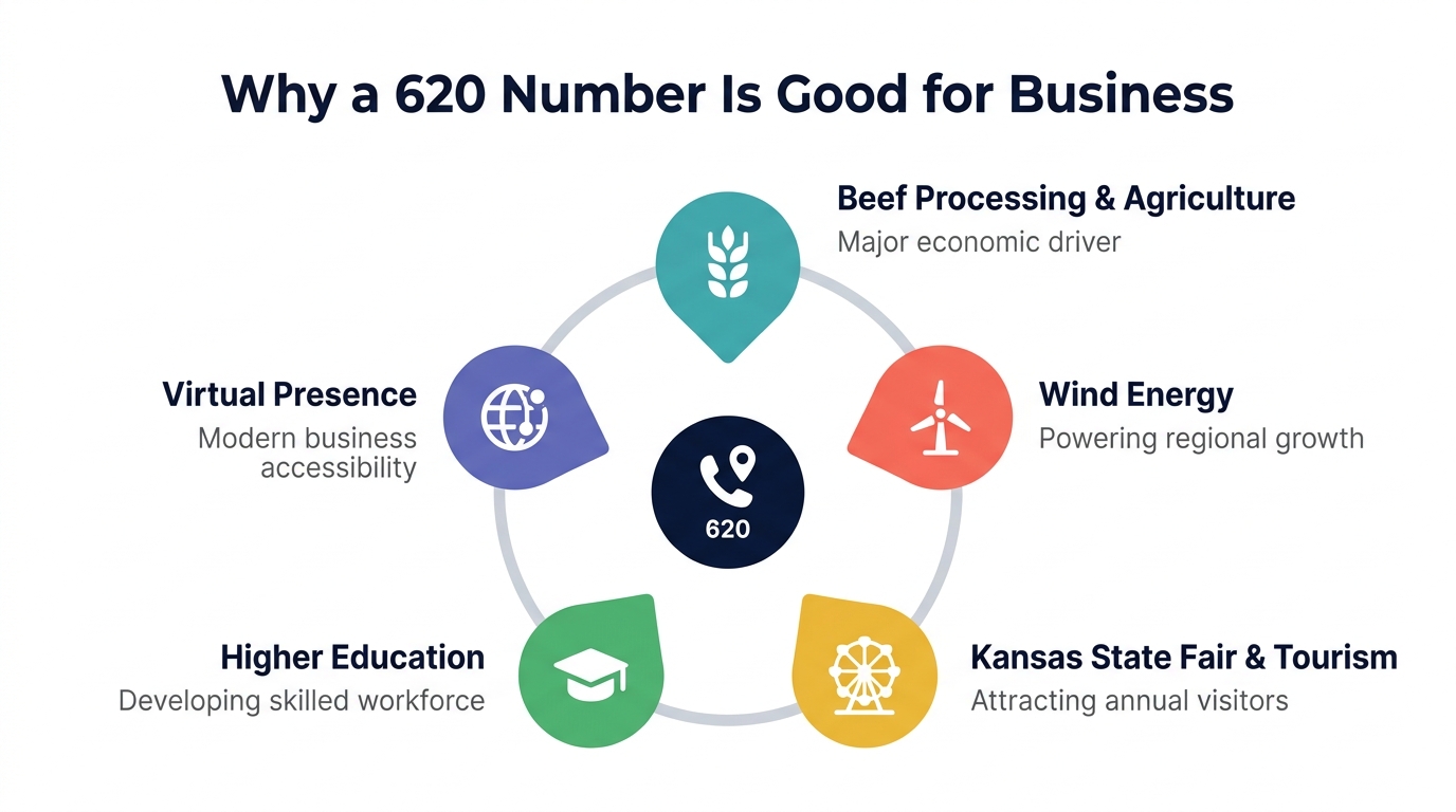 Why a 620 number is good for business infographic highlighting beef processing, wind energy, agriculture, higher education, and space tourism for southern and western Kansas