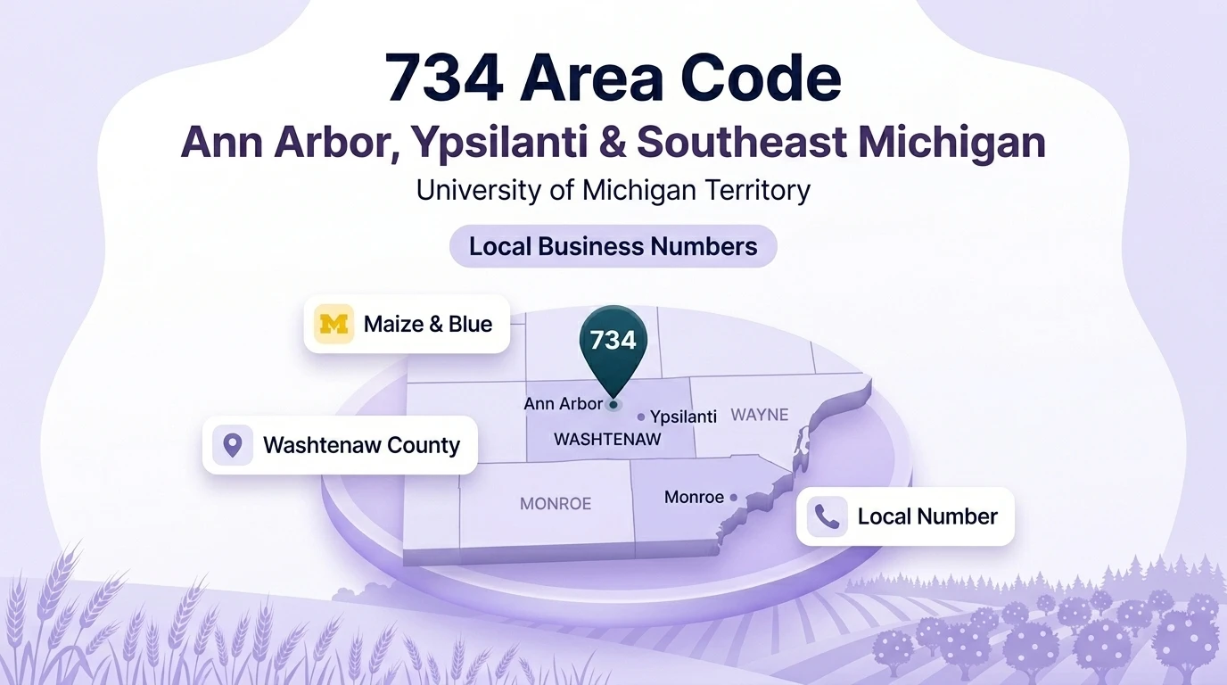 734 area code hero infographic for Ann Arbor, Ypsilanti, Canton, Plymouth, and Monroe across southeast Michigan